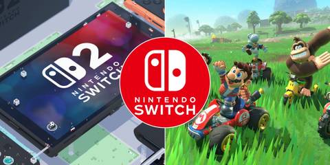 A collage of several elements related to the Nintendo Switch 1 and the Nintendo Switch 2: Nintendo Switch 2 Welcome Tour, Mario Kart World and the Switch 1 logo.