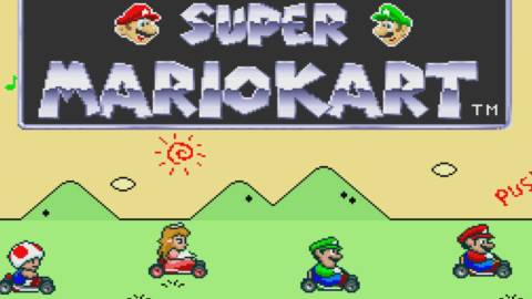 Toad, Peach, Luigi and Mario in the game's title screen - Super Mario Kart