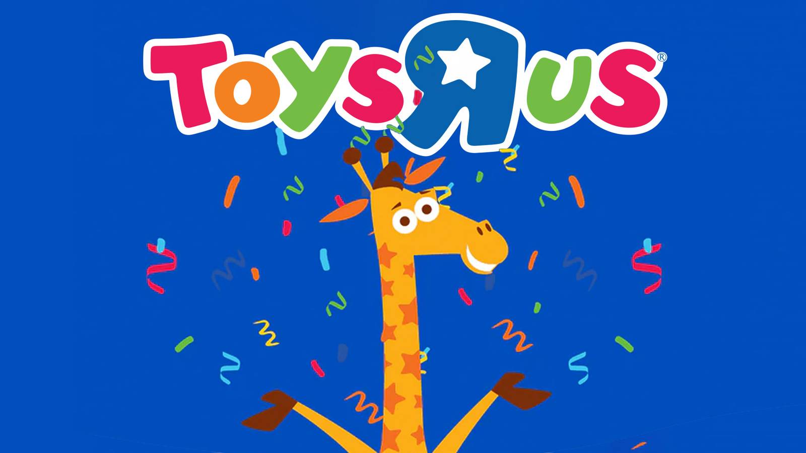 Toys R Us logo on blue background giraffe mascot celebrating with confetti