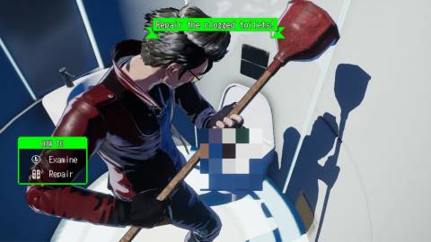 Travis repairing a clogged toilet in a mini-game - No More Heroes 3