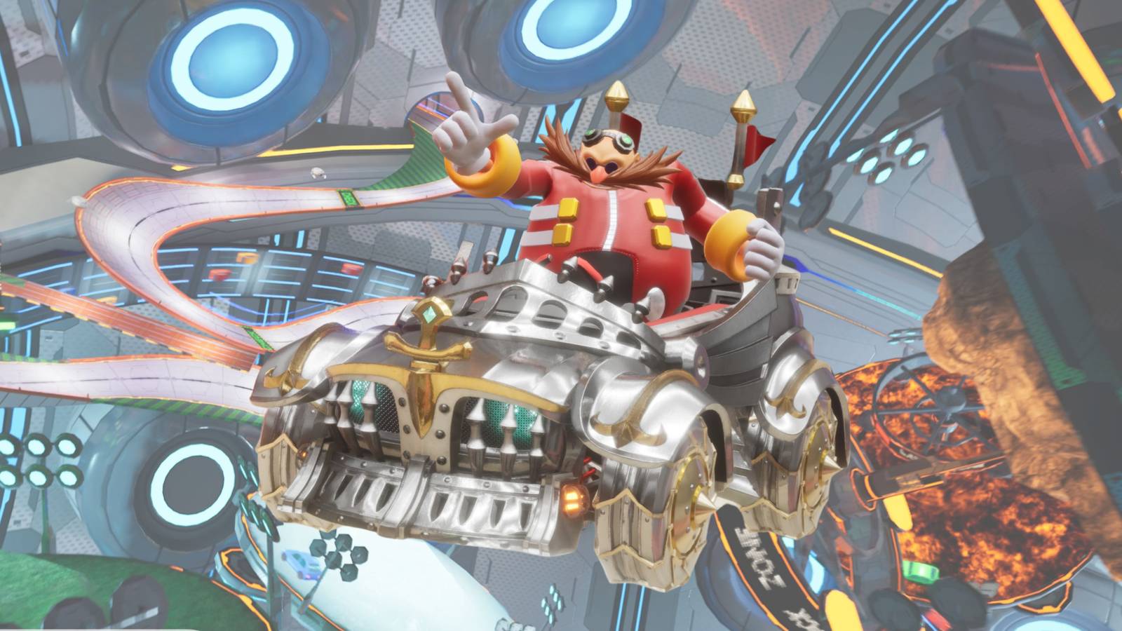 Dr Eggman in a car in Sonic Racing: CrossWorlds