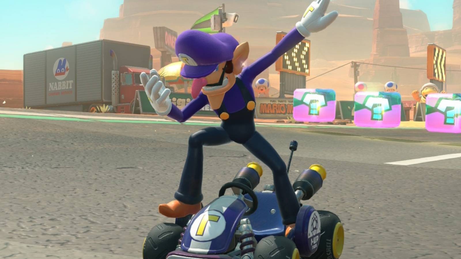 Waluigi posing in Mario Kart World