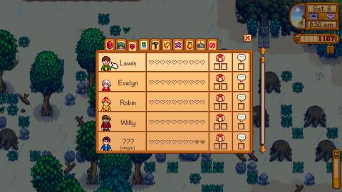 Your relationship menu in Stardew Valley