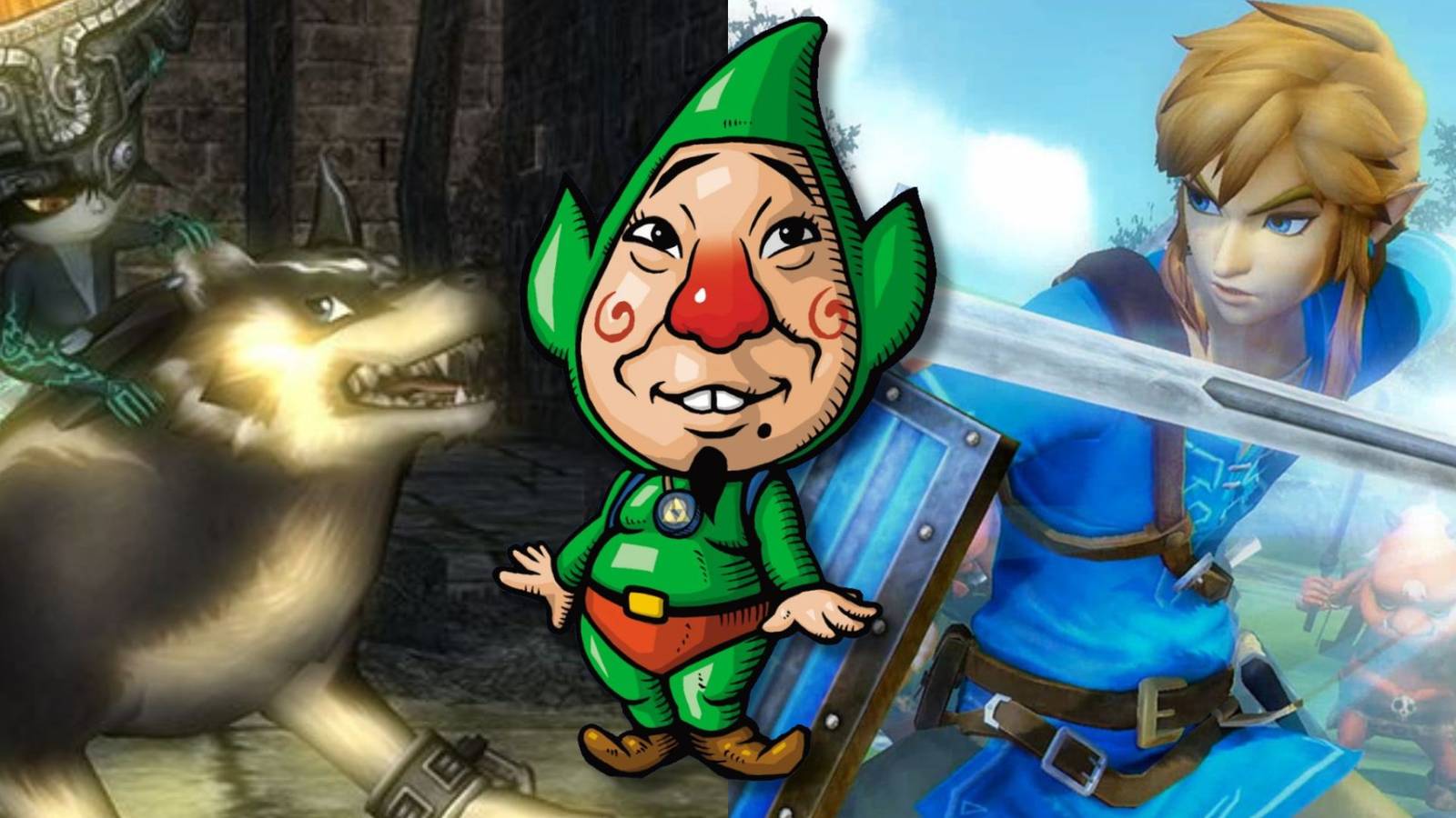 A collage of three The Legend of Zelda games with ridiculous stories: Twilight Princess, Hyrule Warriors and Freshly-Picked Tingle's Rosy Rupeeland.