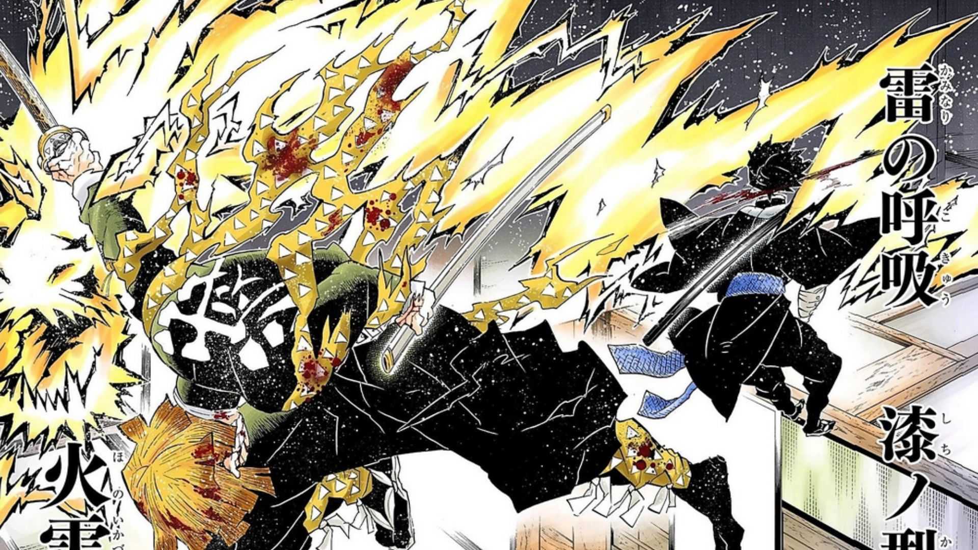 Zenitsu menggunakan Flaming Thunder God melawan Kaigaku