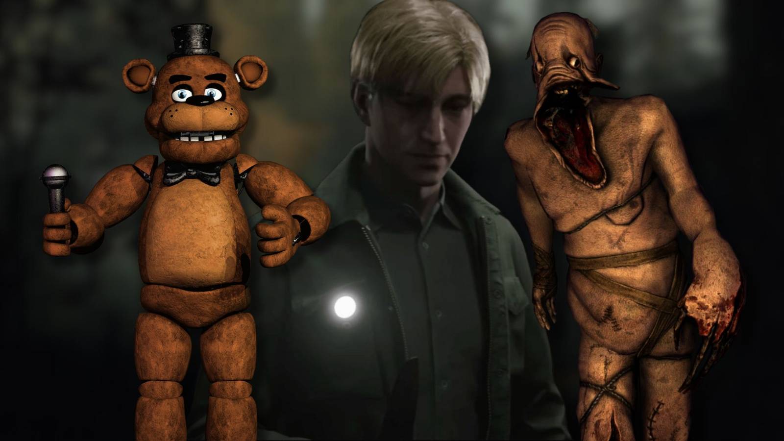 A collage of characters from three horror games: Freddy Fazbear from Five Nights At Freddy's, James from Silent Hill 2 Remake and the Servant Grunt from Amnesia: The Dark Descent