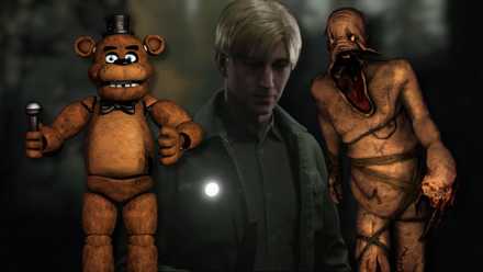A collage of characters from three horror games: Freddy Fazbear from Five Nights At Freddy's, James from Silent Hill 2 Remake and the Servant Grunt from Amnesia: The Dark Descent