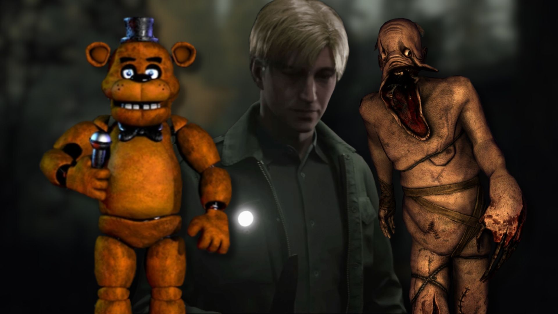 A collage of characters from three horror games: Freddy Fazbear from Five Nights At Freddy's, James from Silent Hill 2 Remake and the Servant Grunt from Amnesia: The Dark Descent.