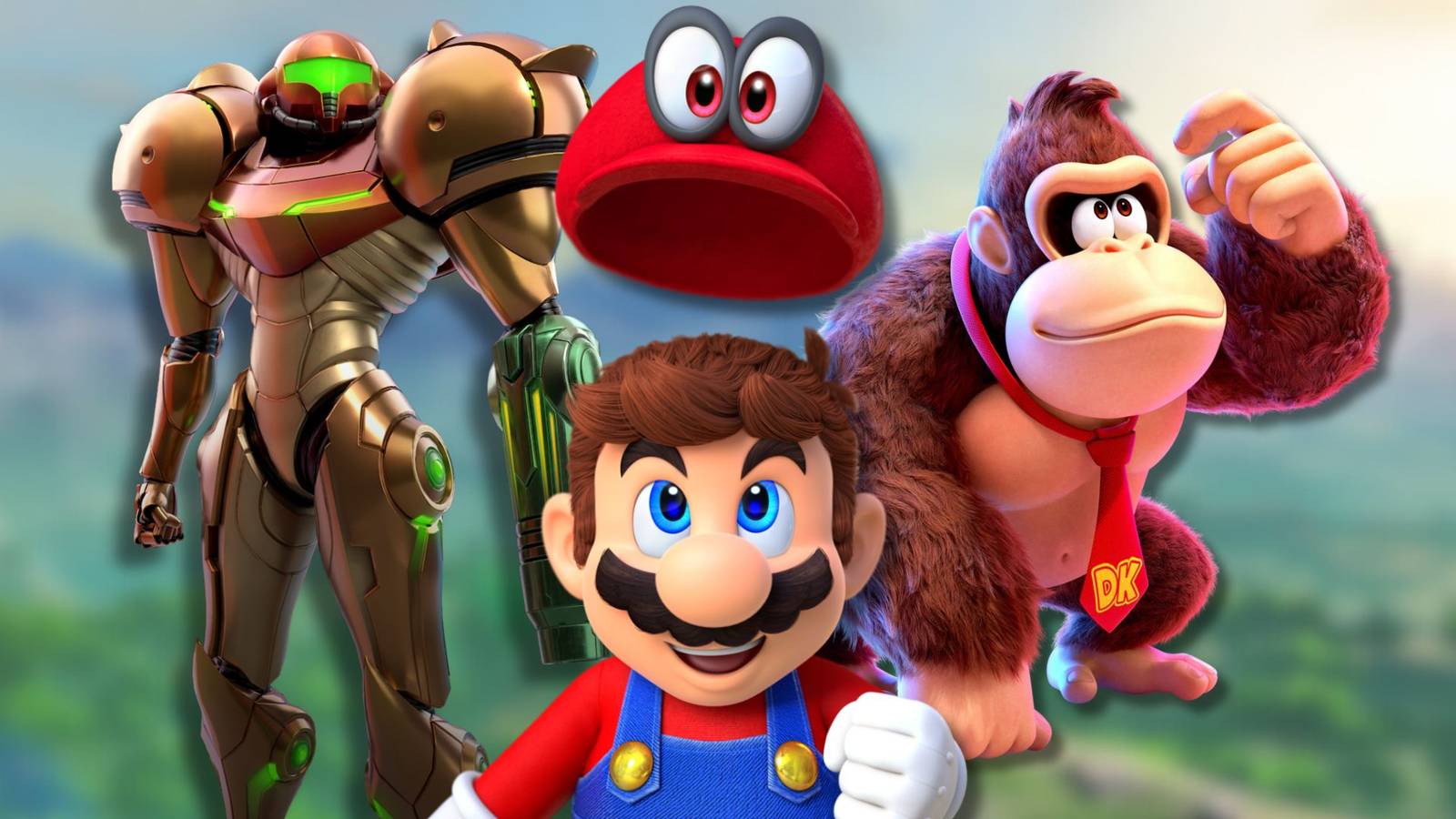 A collage of three Nintendo games that have 90+ reviews on Open-Critic: Metroid Prime Remastered, Super Mario Odyssey and Donkey Kong Bananza.