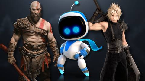 A collage of characters from three PlayStation games that have over 90 score on Open-Critic: Kratos, Astro Bot and Cloud Strife.