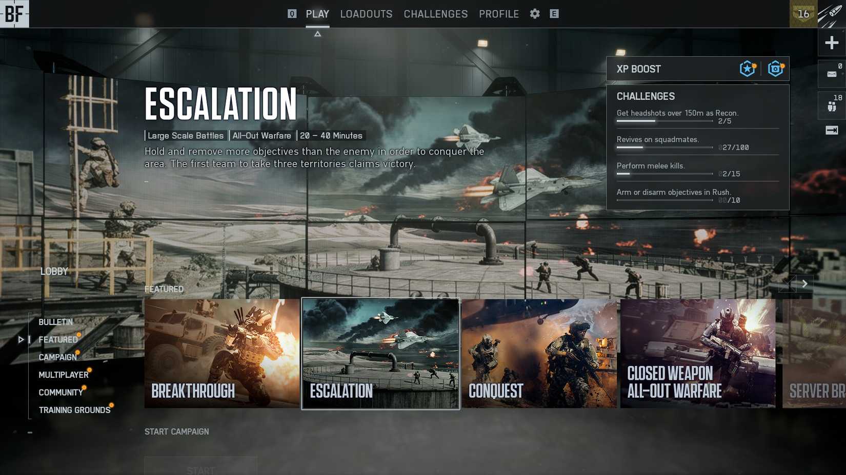 BF6 main menu XP boost button
