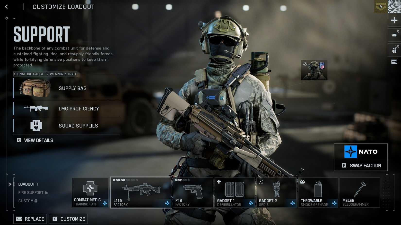 The Support class in the BF6 loadout menu