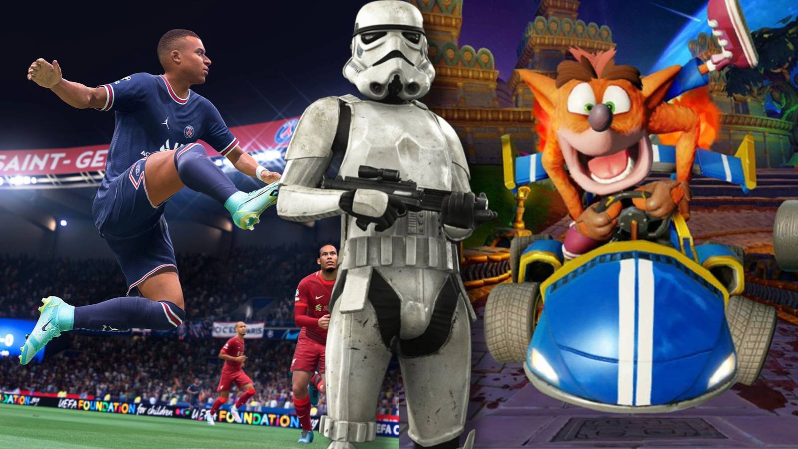 A collage of three video games with questionable monetization practices: FIFA 22, Star Wars Battlefront 2 and Crash Team Racing: Nitro-Fueled.