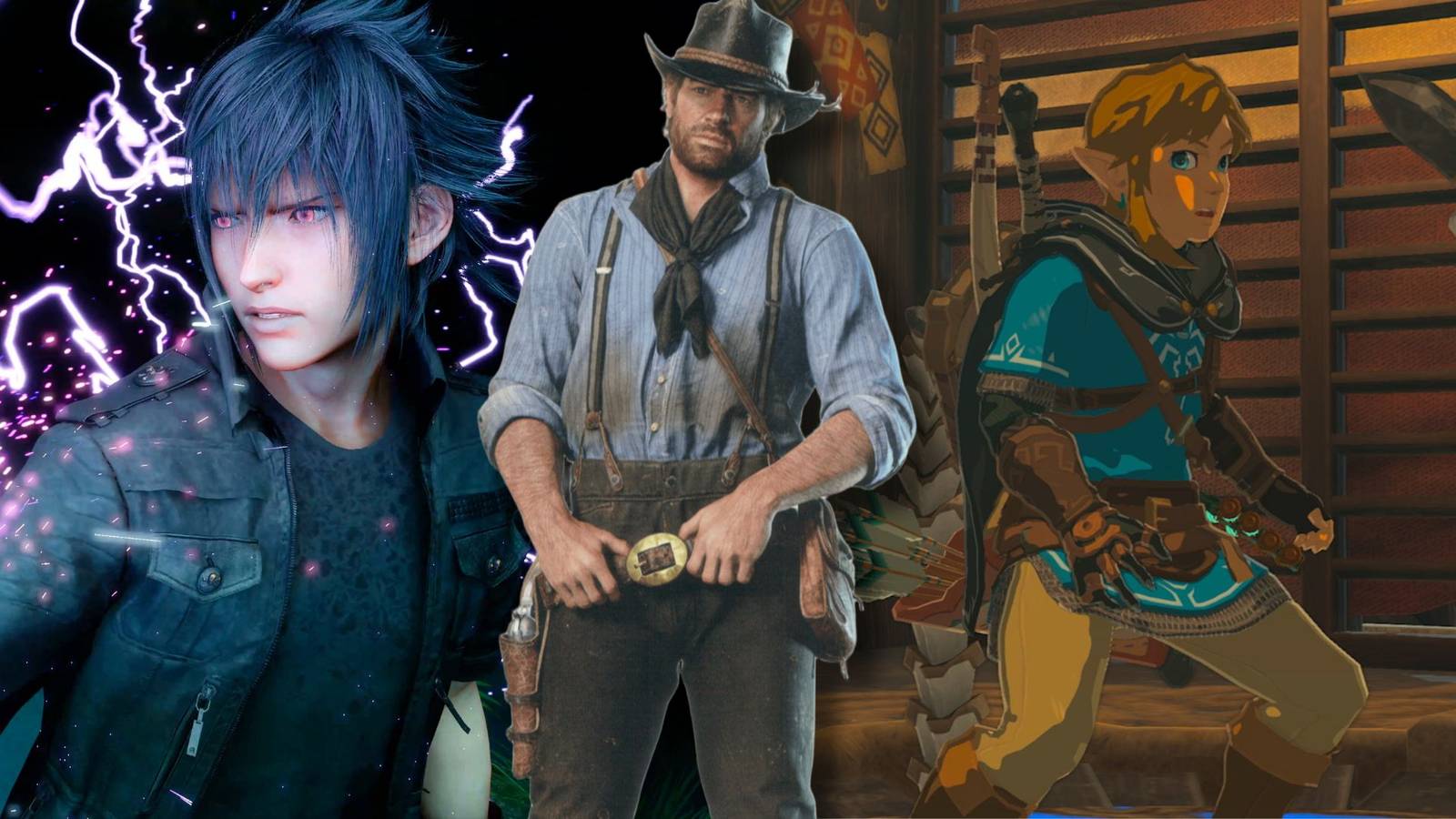 Arthur Morgan from Red Dead Redemption 2 alongside Link from Zelda: Tears of the Kingdom and Noctis from Final Fantasy 15.