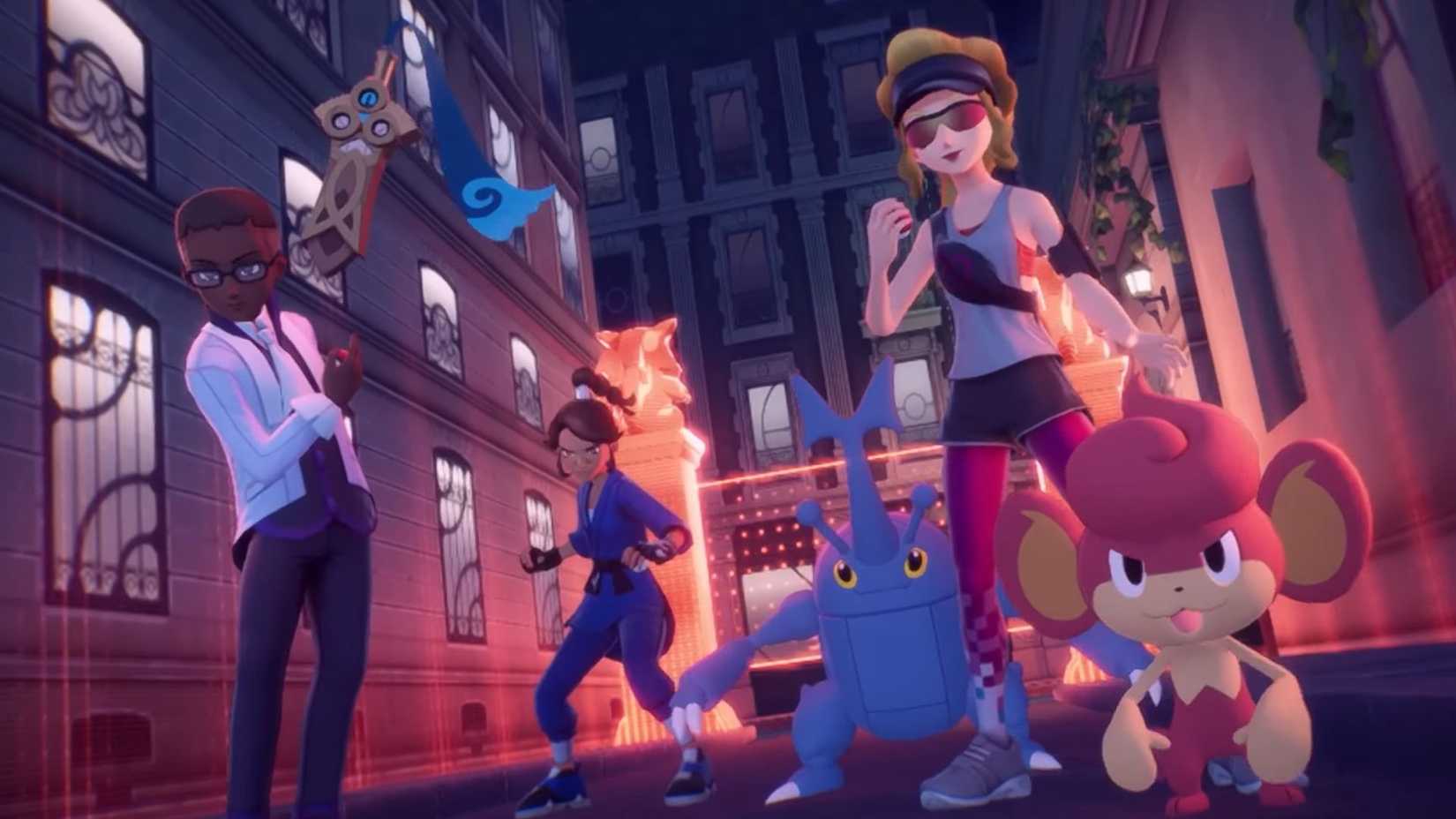 A bunch of trainers (and their Pokemon) face the main character inside a Battle Zone - Pokemon Legends Z-A