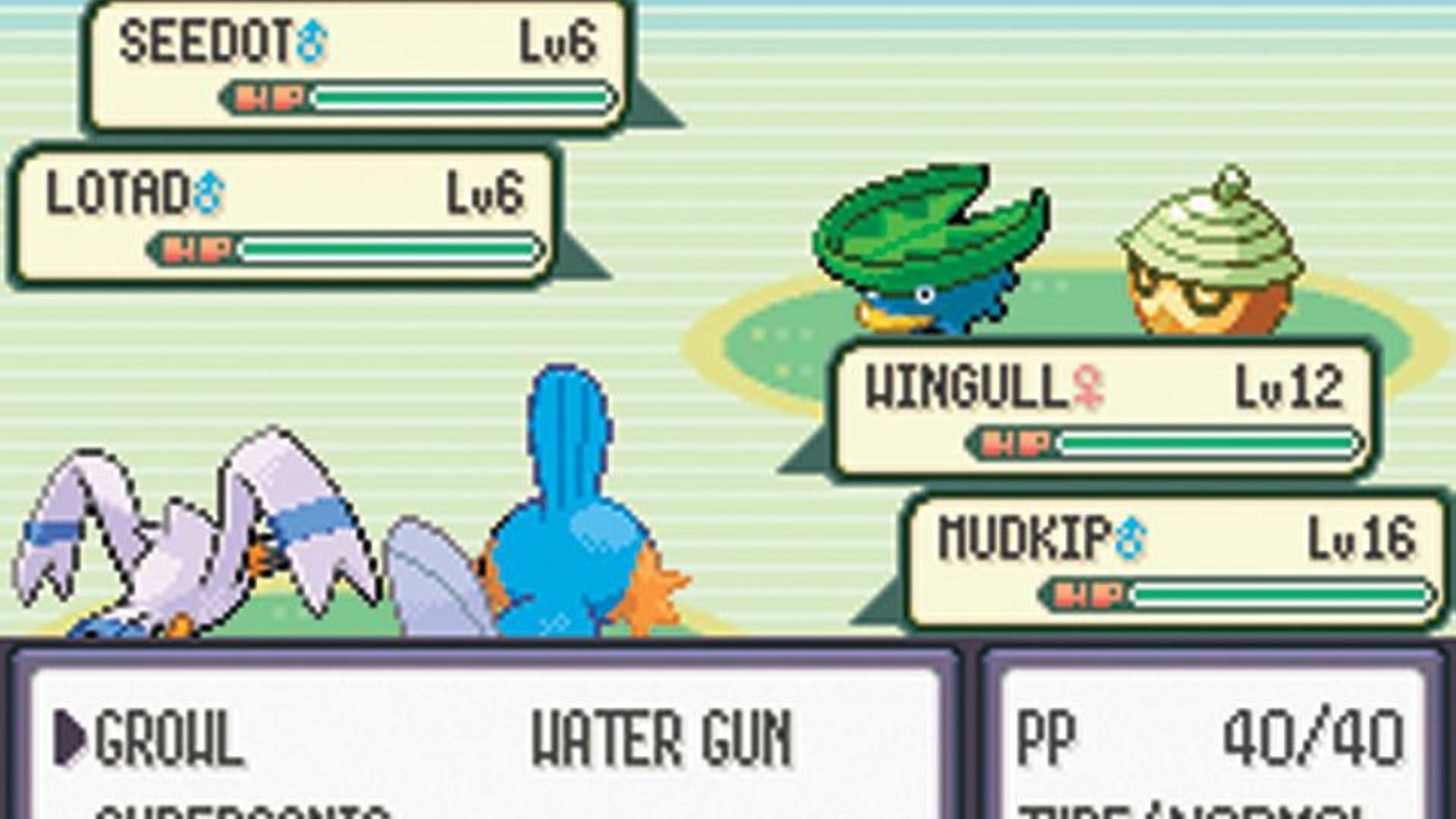 A double battle against a Wild Seedot and Lotad - Pokemon Emerald