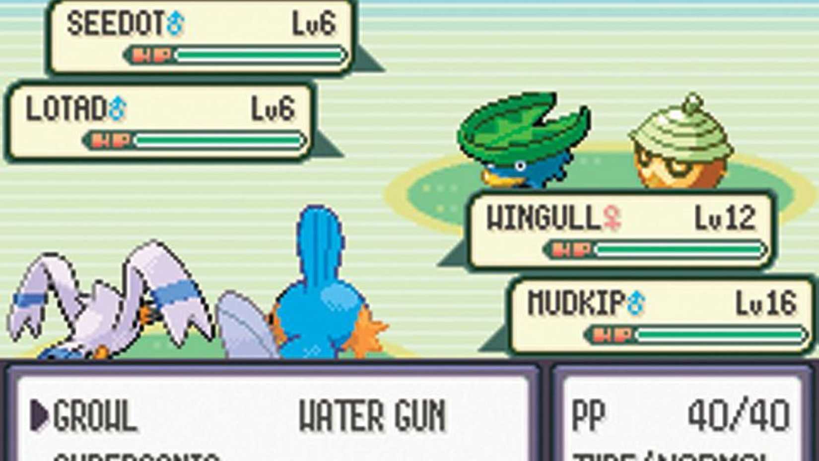 A double battle against a Wild Seedot and Lotad - Pokemon Emerald