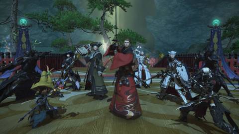 A full party of players standing in Final Fantasy 14 (PS5)