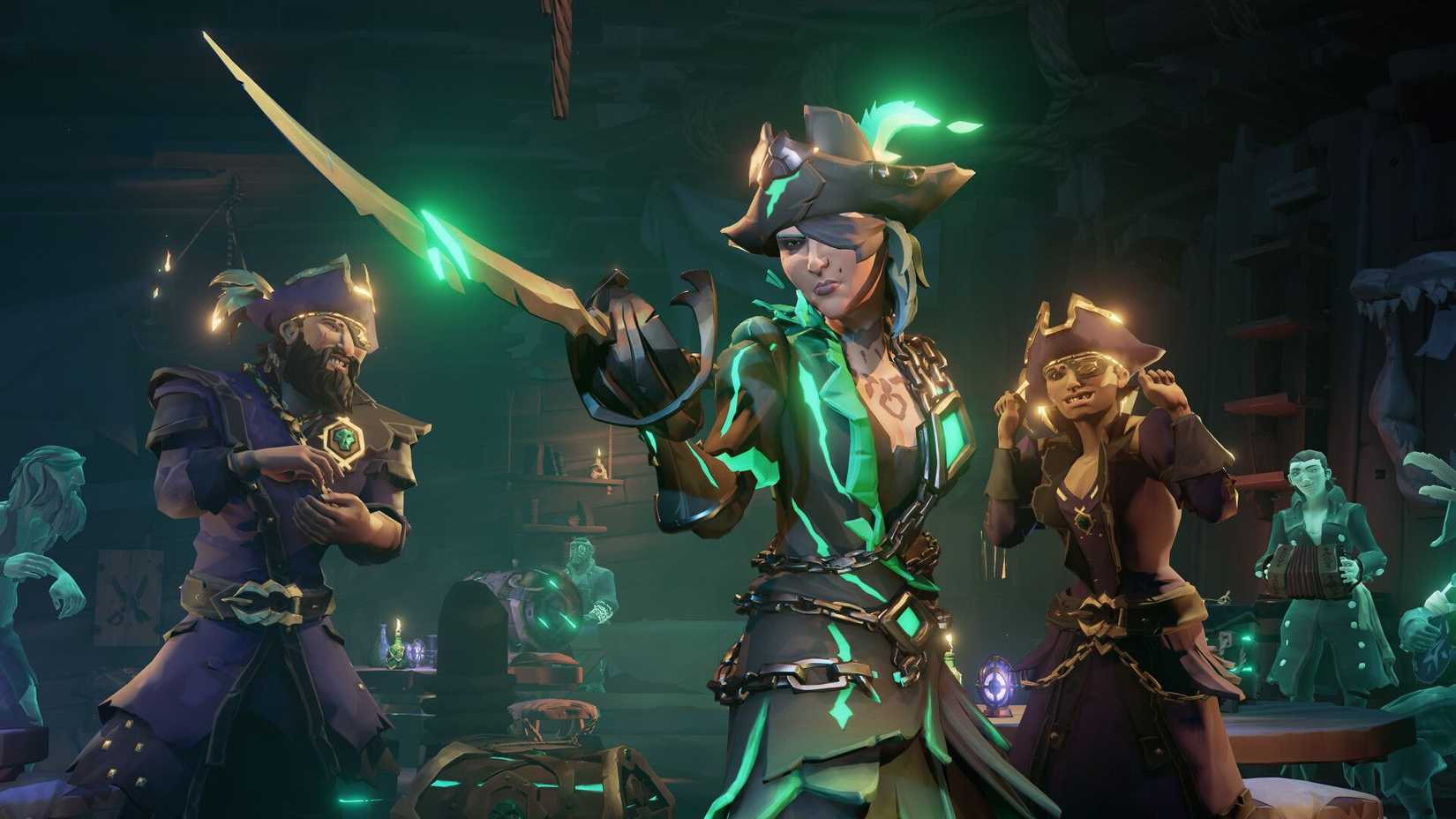 A ghostly pirate crew is ready for battle - Sea Of Thieves