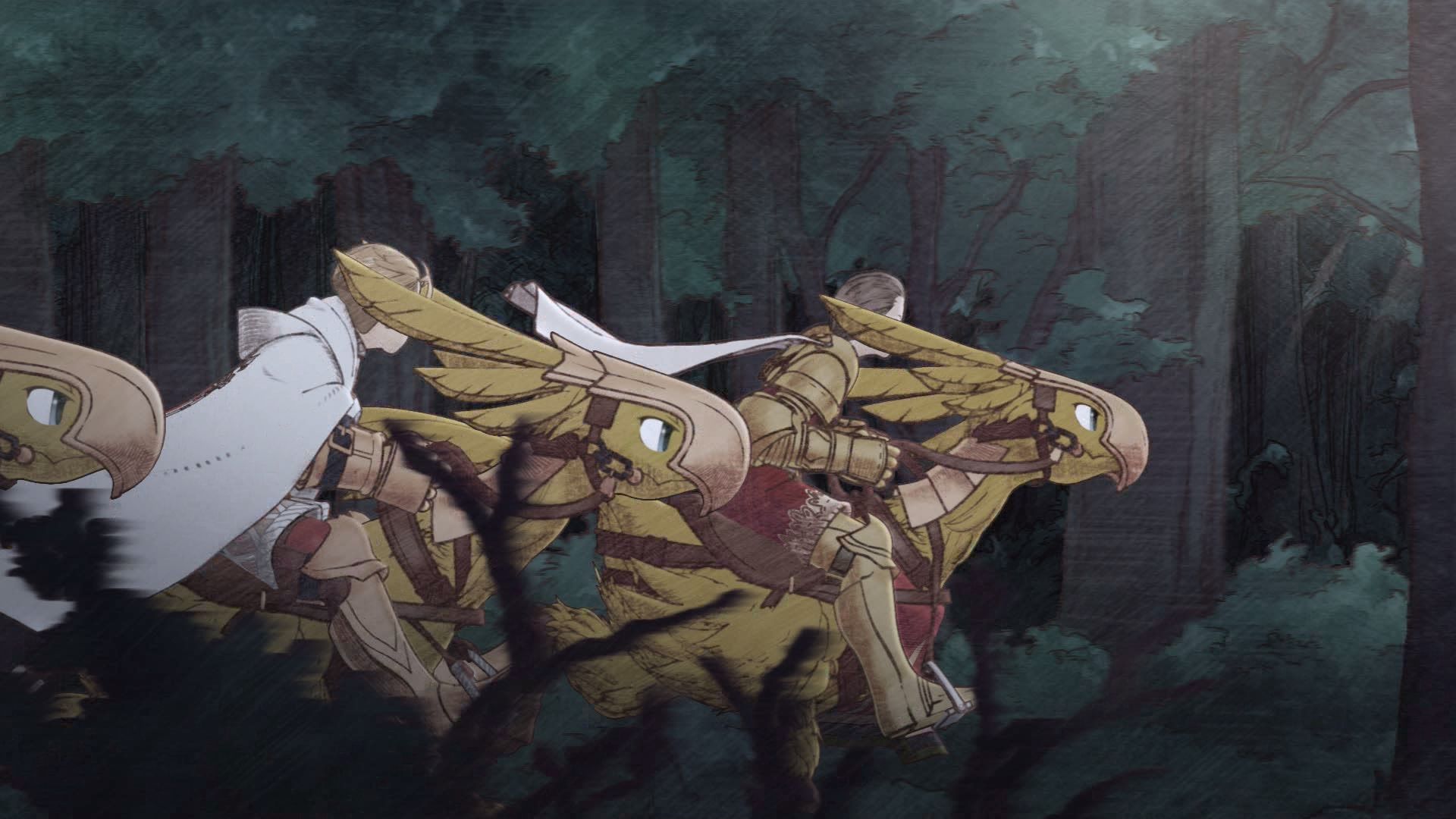 A scene featuring characters riding chocobos in Final Fantasy Tactics The Ivalice Chronicles