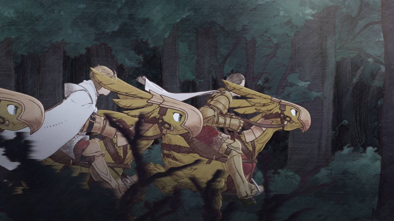 A scene featuring characters riding chocobos in Final Fantasy Tactics The Ivalice Chronicles