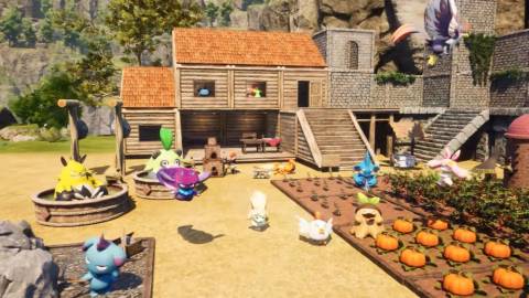 A screenshot from Palworld showing an in-game base with multiple Pals, farms, and houses.