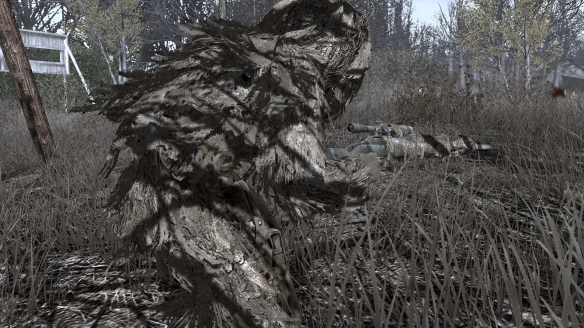 A soldier wearing a Ghillie suit in Call of Duty 4 Modern Warfare