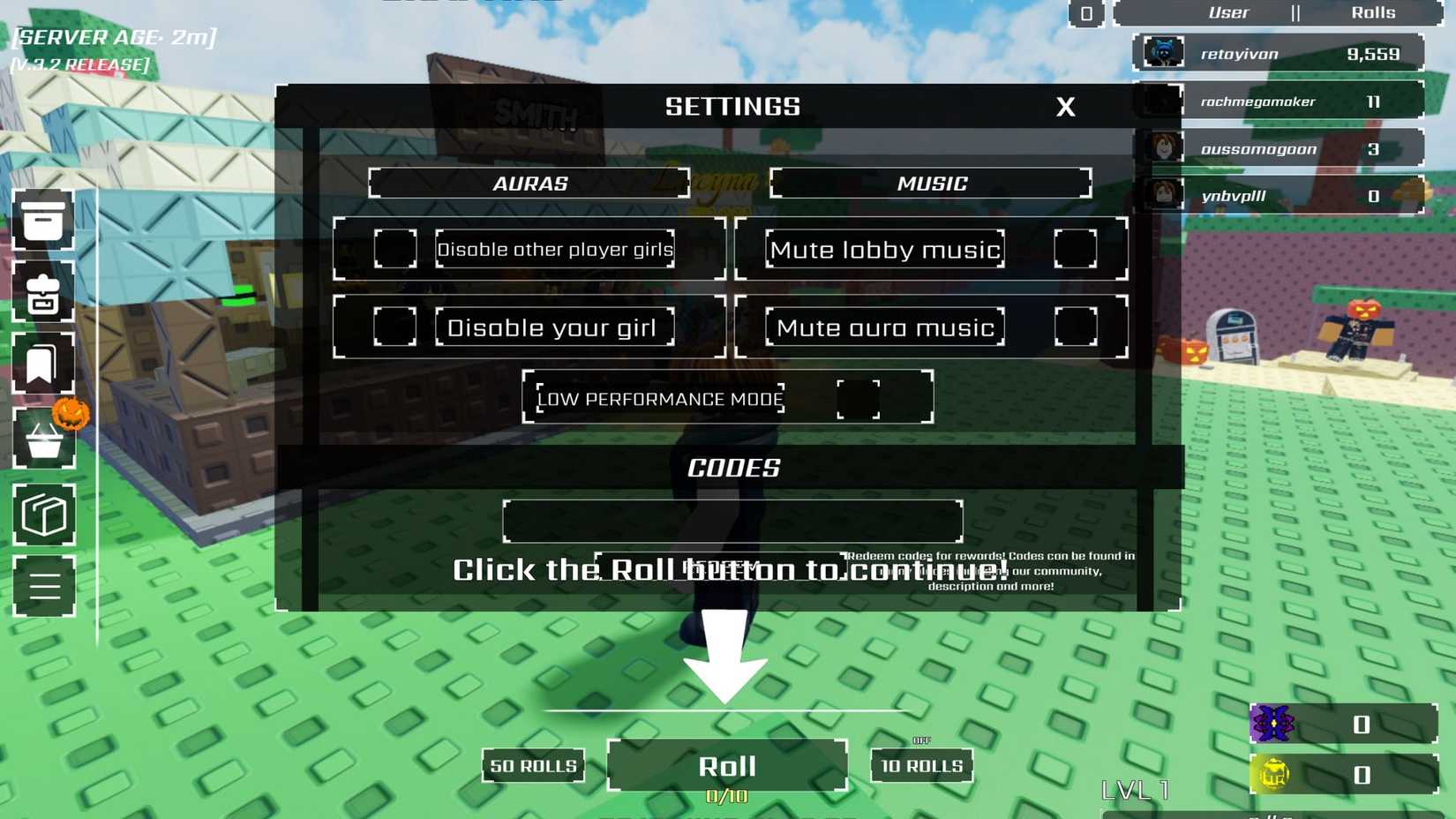 Anime Girl RNG the codes tab