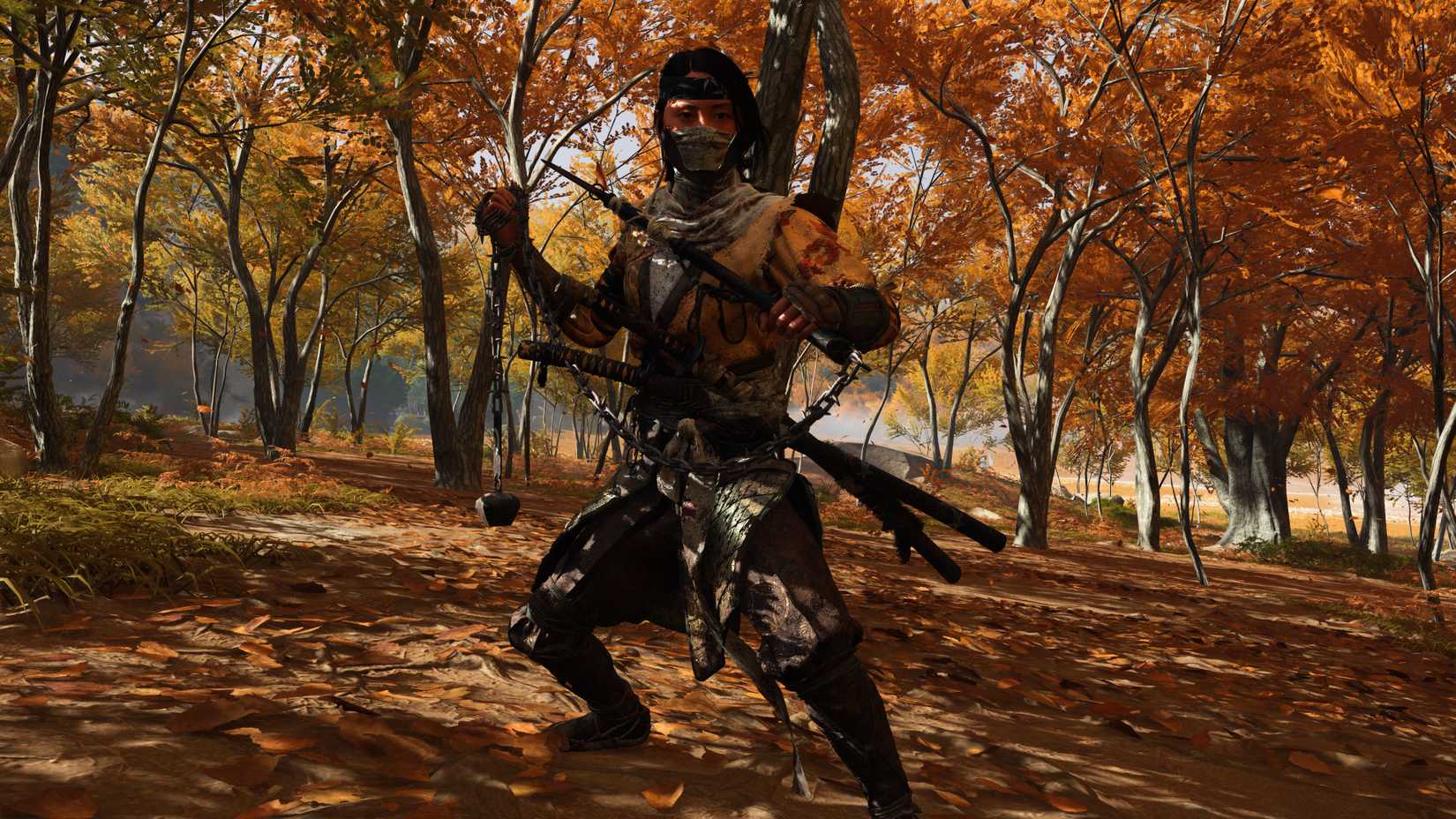 Atsu holding a Kusarigama in Ghost of Yotei