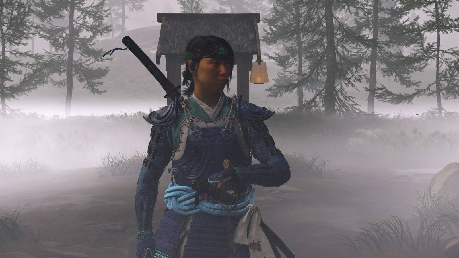 Atsu in a misty woods in Ghost of Yotei