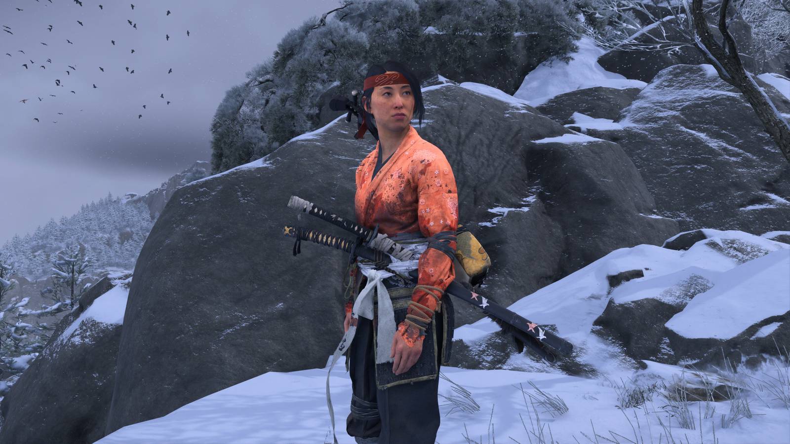 Atsu in the snowy mountains in Ghost of Yotei