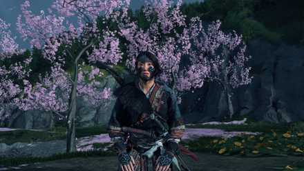 Atsu kneeling next to cherry blossoms in Ghost of Yotei