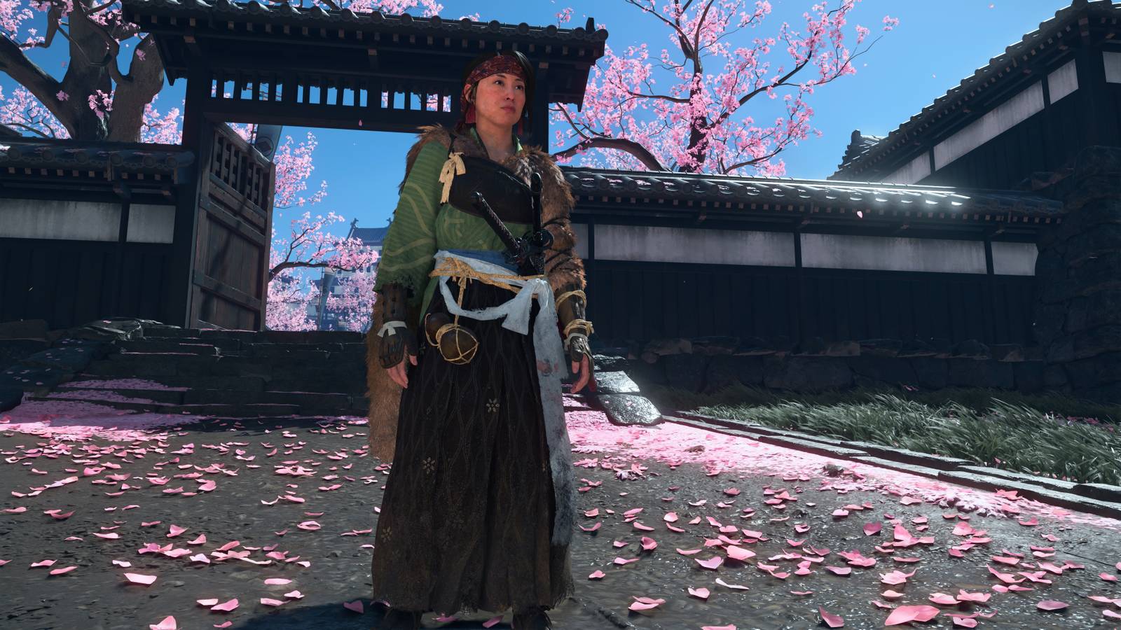 Atsu near cherry blossoms in Ghost of Yotei