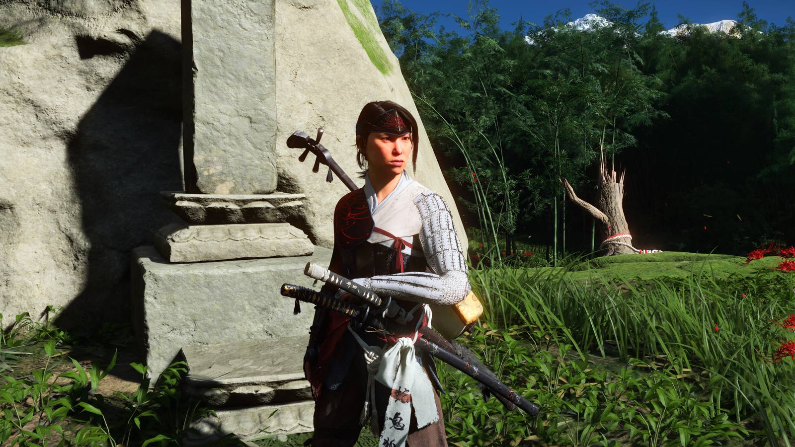 Atsu wearing Spider Lily Armor in Ghost of Yotei