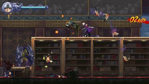 Attacking enemies in a library in Ninja Gaiden Ragebound