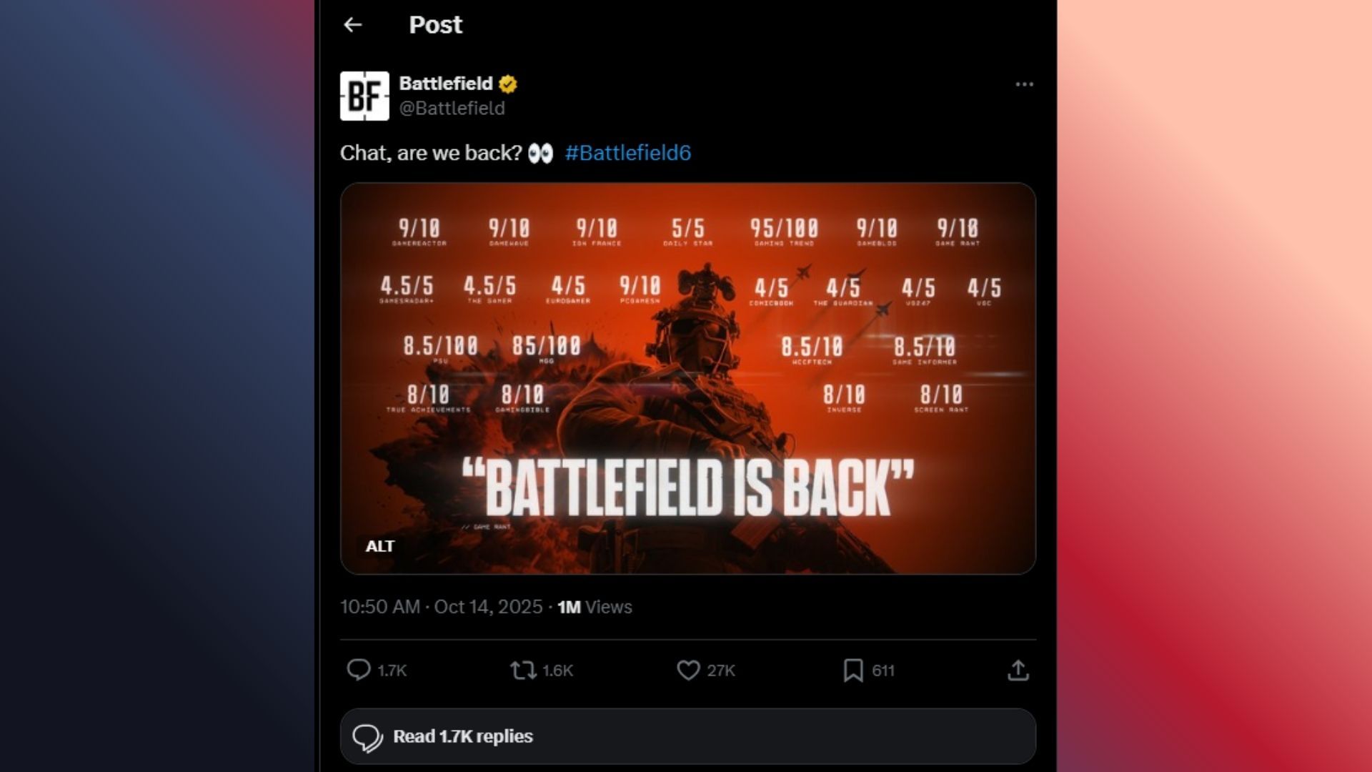 Battlefield 6 includes TheBestWarGames quote and score in X post