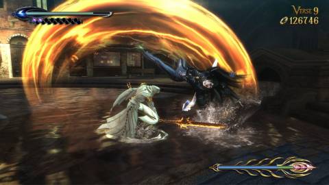 Bayonetta avoiding the Masked Lumen's attack - Bayonetta 2