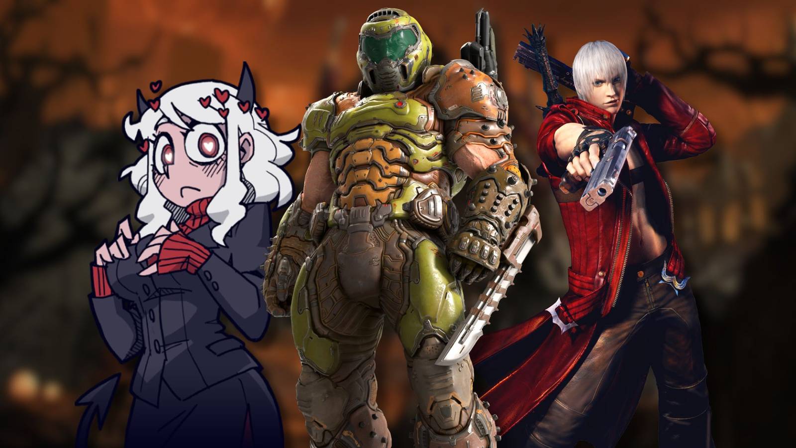A collage of characters from games where the player goes to hell: Helltaker, Doom Eternal and Devil May Cry 3.