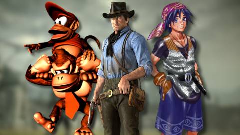 A collage of characters from some of the best-looking video games ever made: DK and Diddy from Donkey Kong Country, Serge from Chrono Cross and Arthur Morgan from Red Dead Redemption 2.