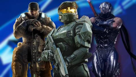 A collage of heroes from Microsoft games that are (or will be) available on PlayStation consoles: Marcus Fenix from Gears of War, Master Chief from Halo and Ryu Hayabusa from Ninja Gaiden.