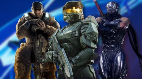 A collage of heroes from Microsoft games that are (or will be) available on PlayStation consoles: Marcus Fenix from Gears of War, Master Chief from Halo and Ryu Hayabusa from Ninja Gaiden.