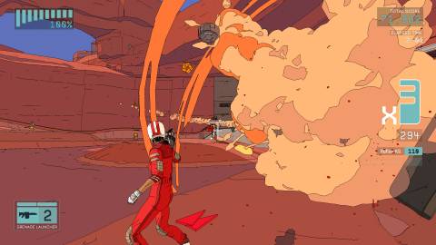 Blasting enemies in Rollerdrome