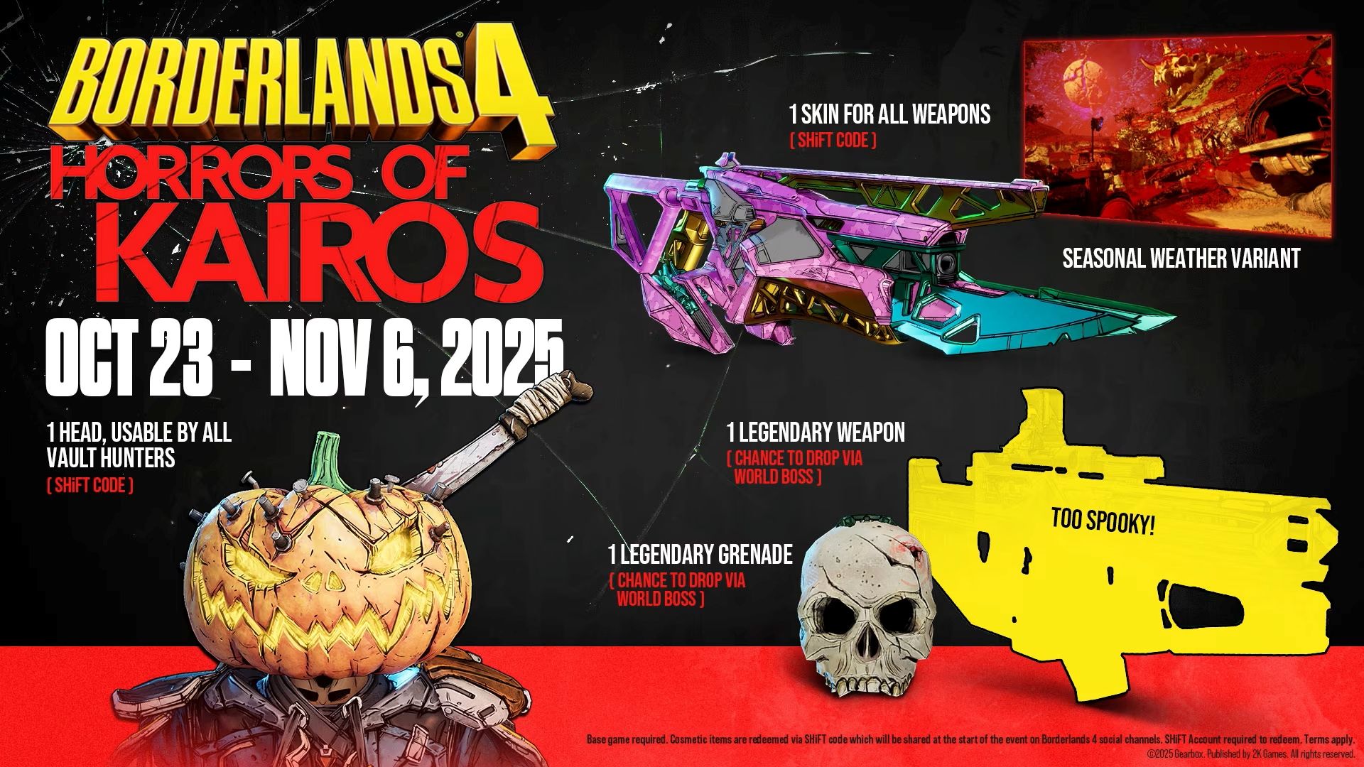Recompensas do evento Horrors of Kairos em Borderlands 4 para 2025.