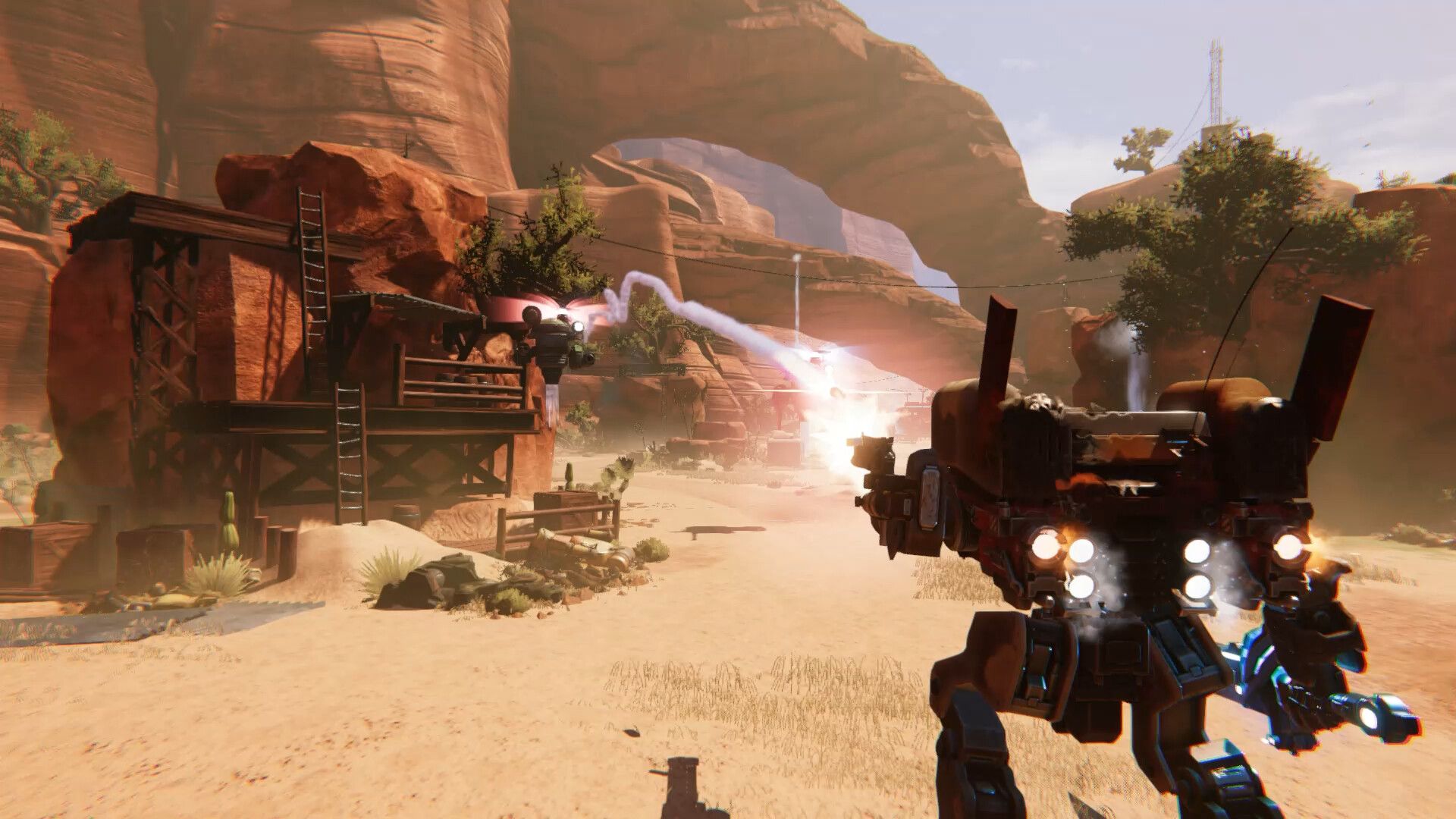 Imagem de Bounty Star com um mech em um cenário desértico.