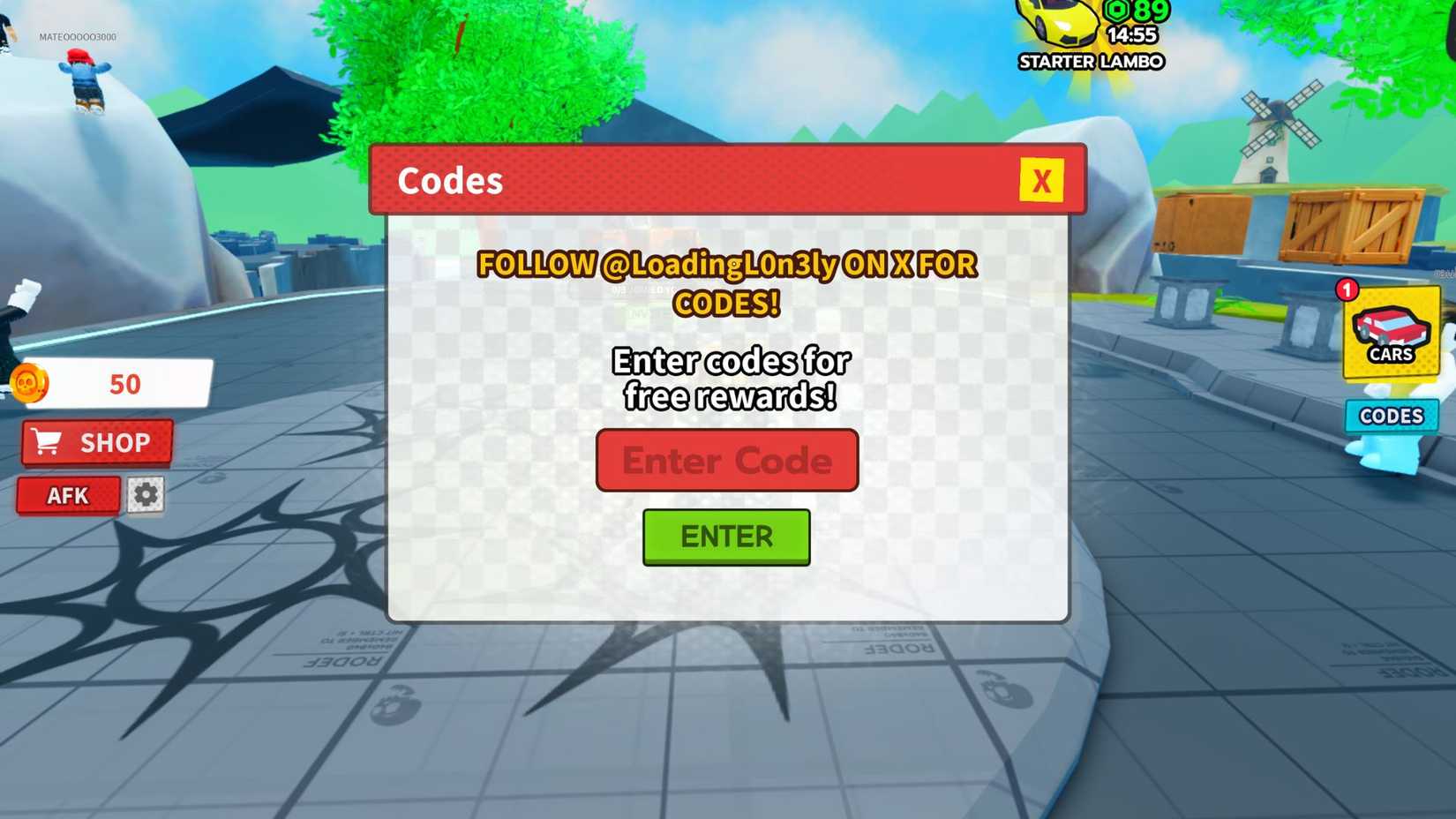 Cars and Trucks - the codes tab