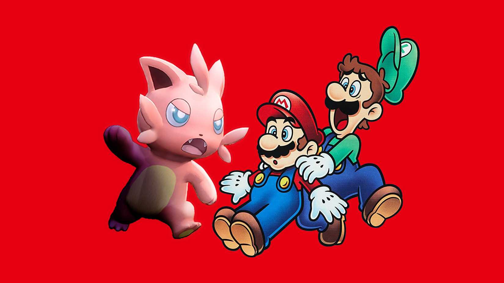 Cattiva attacking Mario and Luigi on a red background