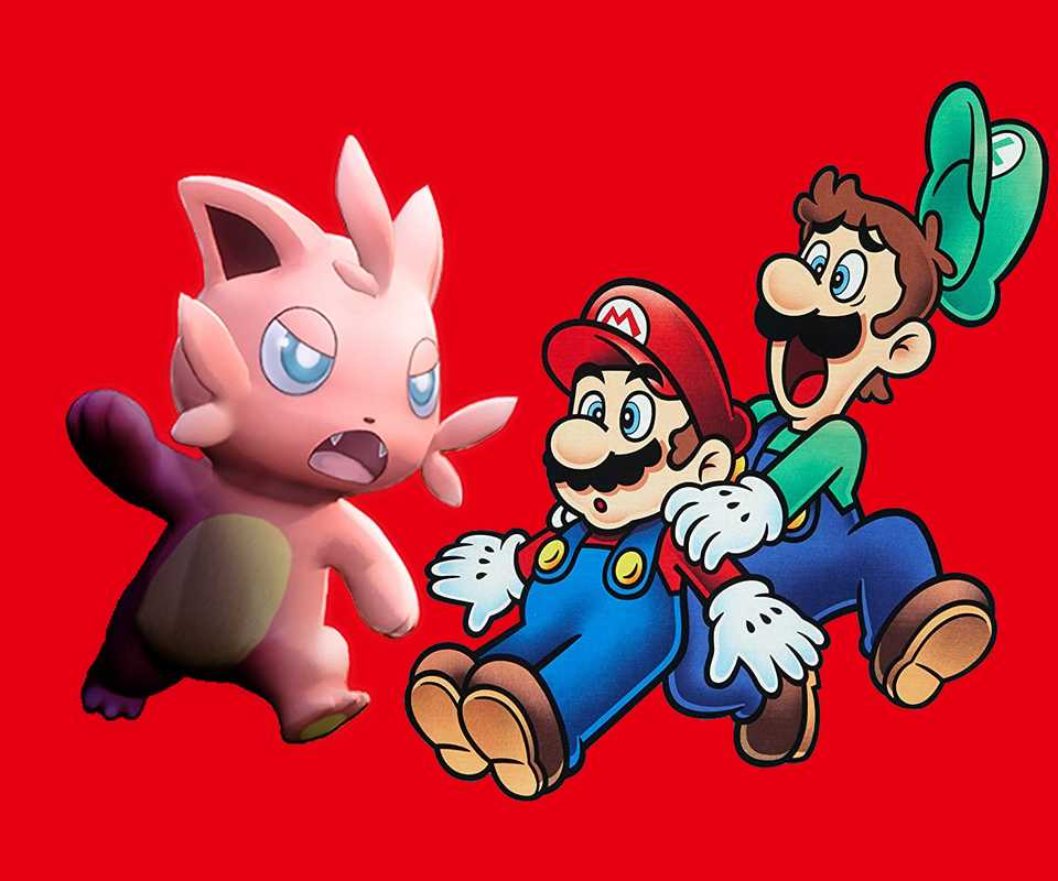 Cattiva menyerang Mario dan Luigi dengan latar belakang merah