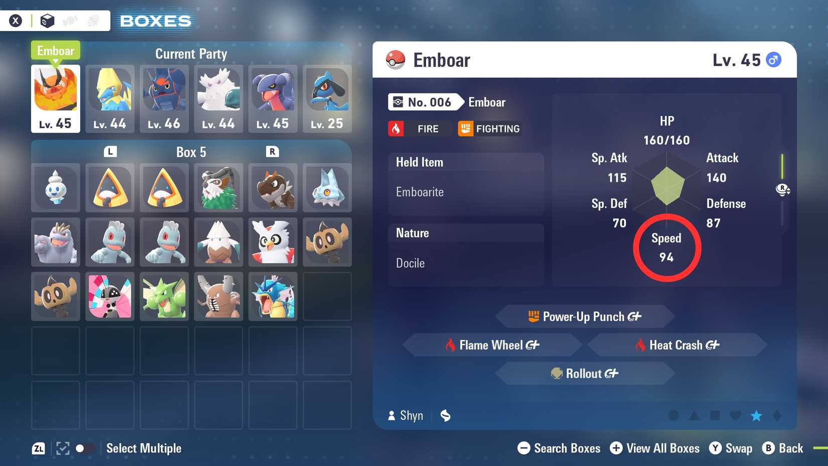 checking the speed stat of emboar in pokemon legends za