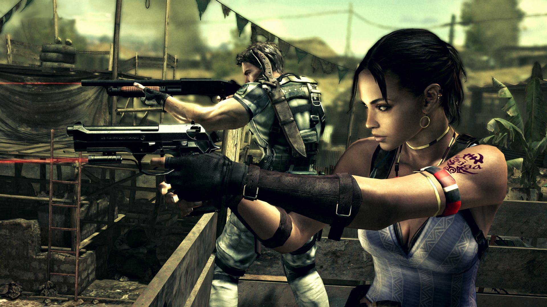 Chris and Shiva shooting enemies together - Resident Evil 5