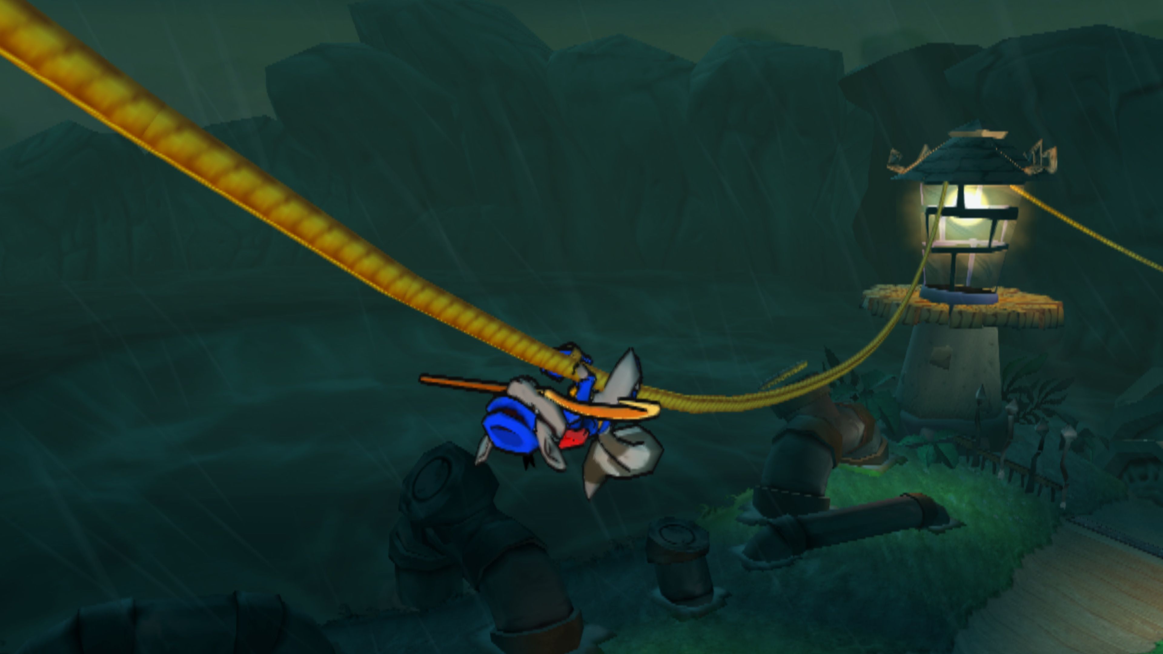 Climbing a rope upside down in Sly Cooper
